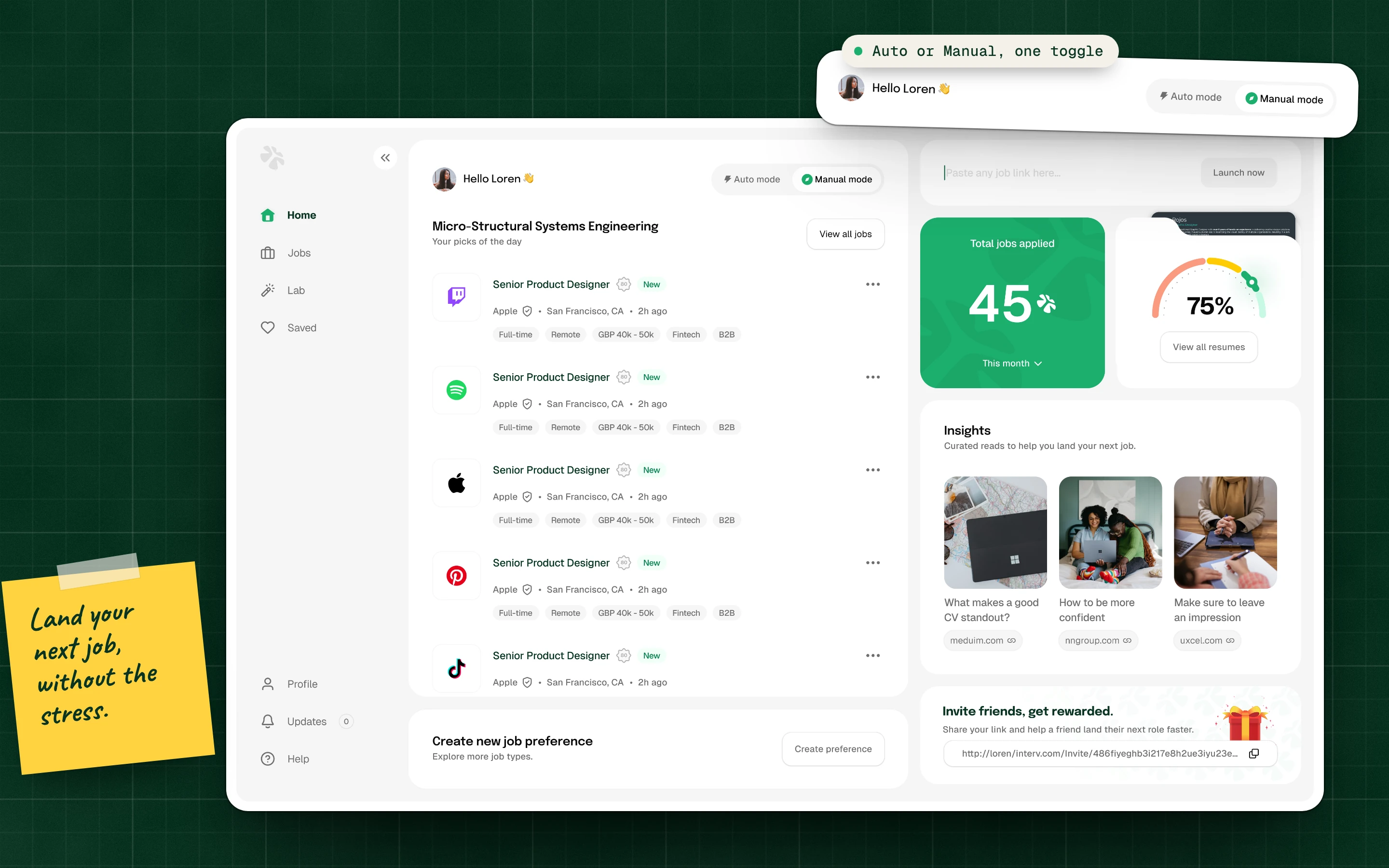Final dashboard with the Auto / Manual toggle